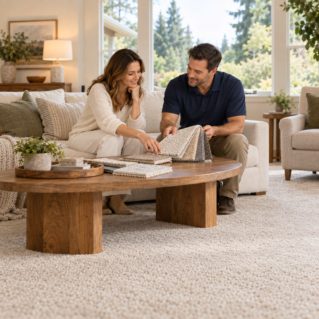 Illustrative in-home carpet consultation with a homeowner comparing samples with a flooring specialist
