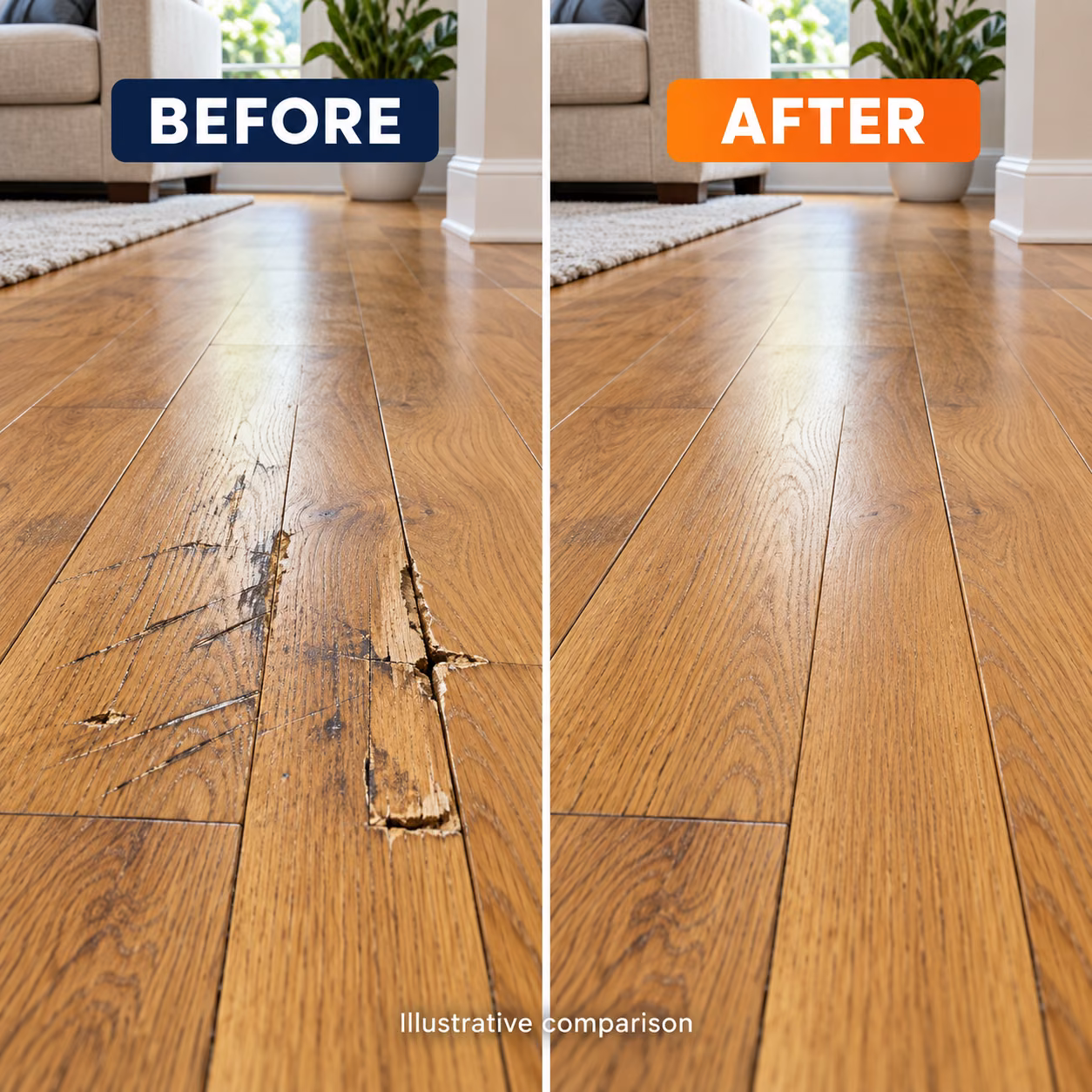 Illustrative before-and-after hardwood floor repair: scratched and chipped oak boards beside the same floor restored