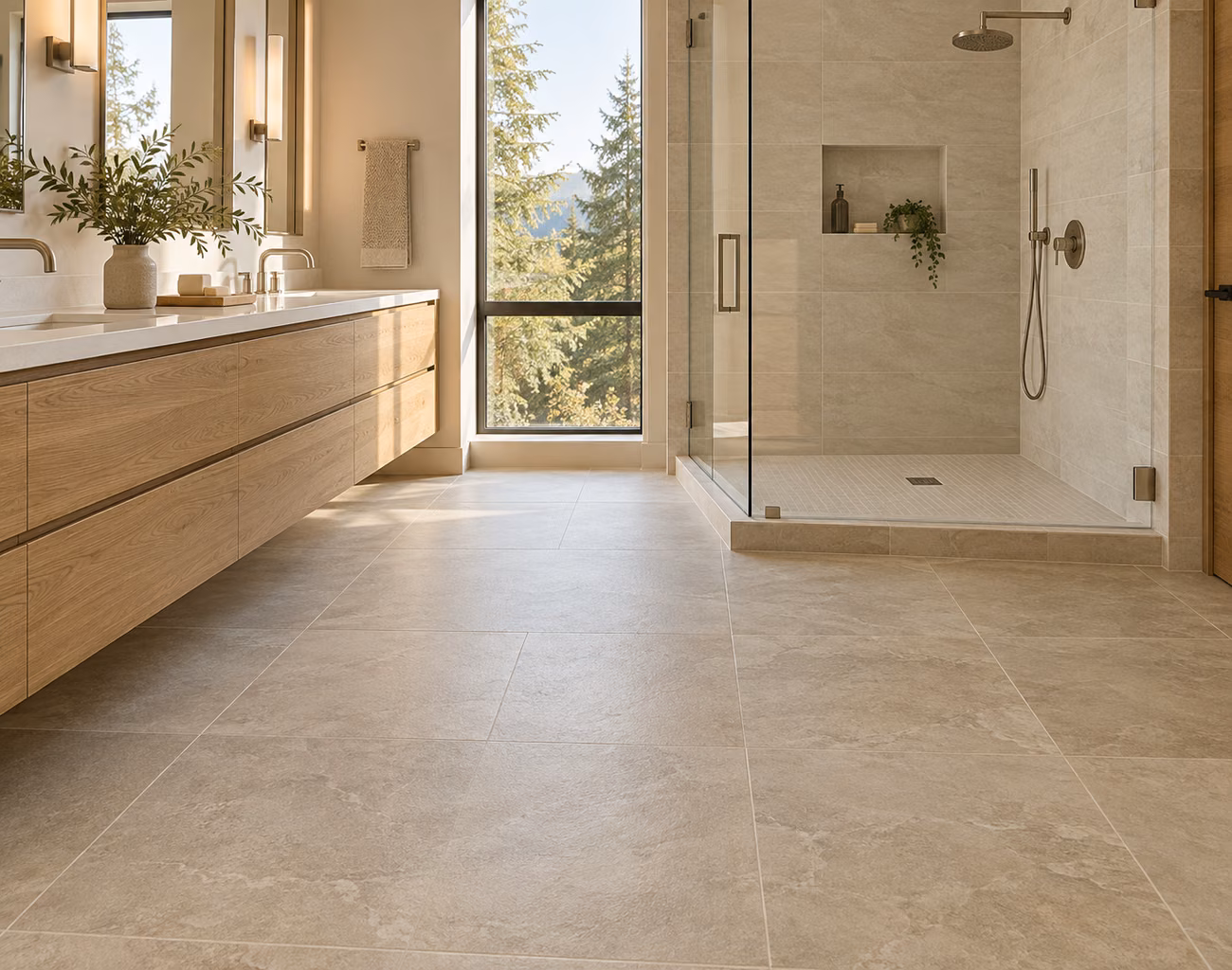 Illustrative modern bathroom with porcelain floor tile and a tiled walk-in shower