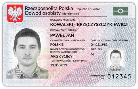 Synthetic Poland ID card specimen, 2025 design, front