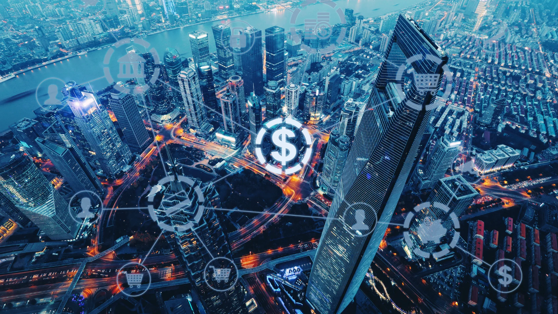 Aerial night view of a financial-district skyline overlaid with digital banking, payment and user network icons