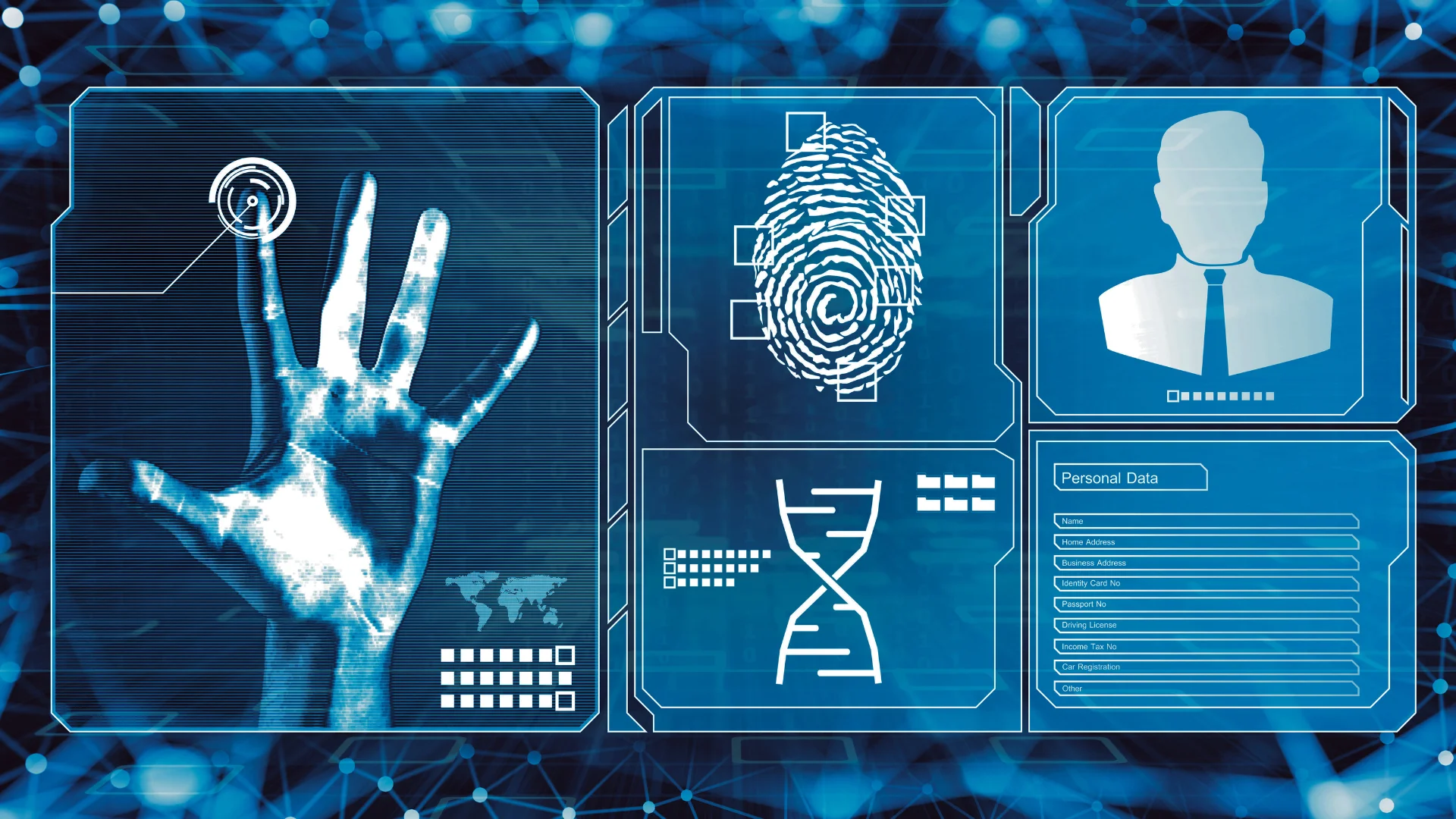 Blue biometric identity-verification interface showing palm scan, fingerprint, DNA and personal data fields