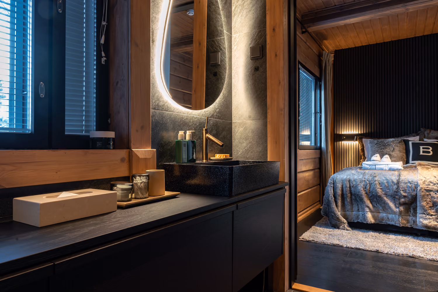 Elegant bedroom in a luxury chalet in Levi.