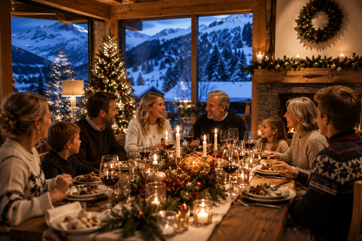Repas de Noël en famille dans un chalet à la montagne face aux sommets enneigés