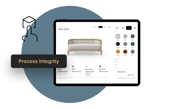 Sofa design options displayed on a tablet.