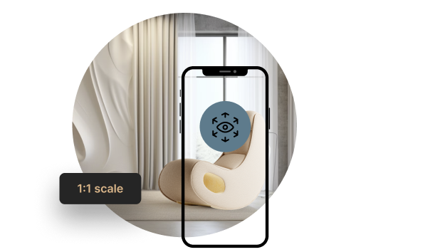 A smartphone displays a 1:1 scale of a beige chair.