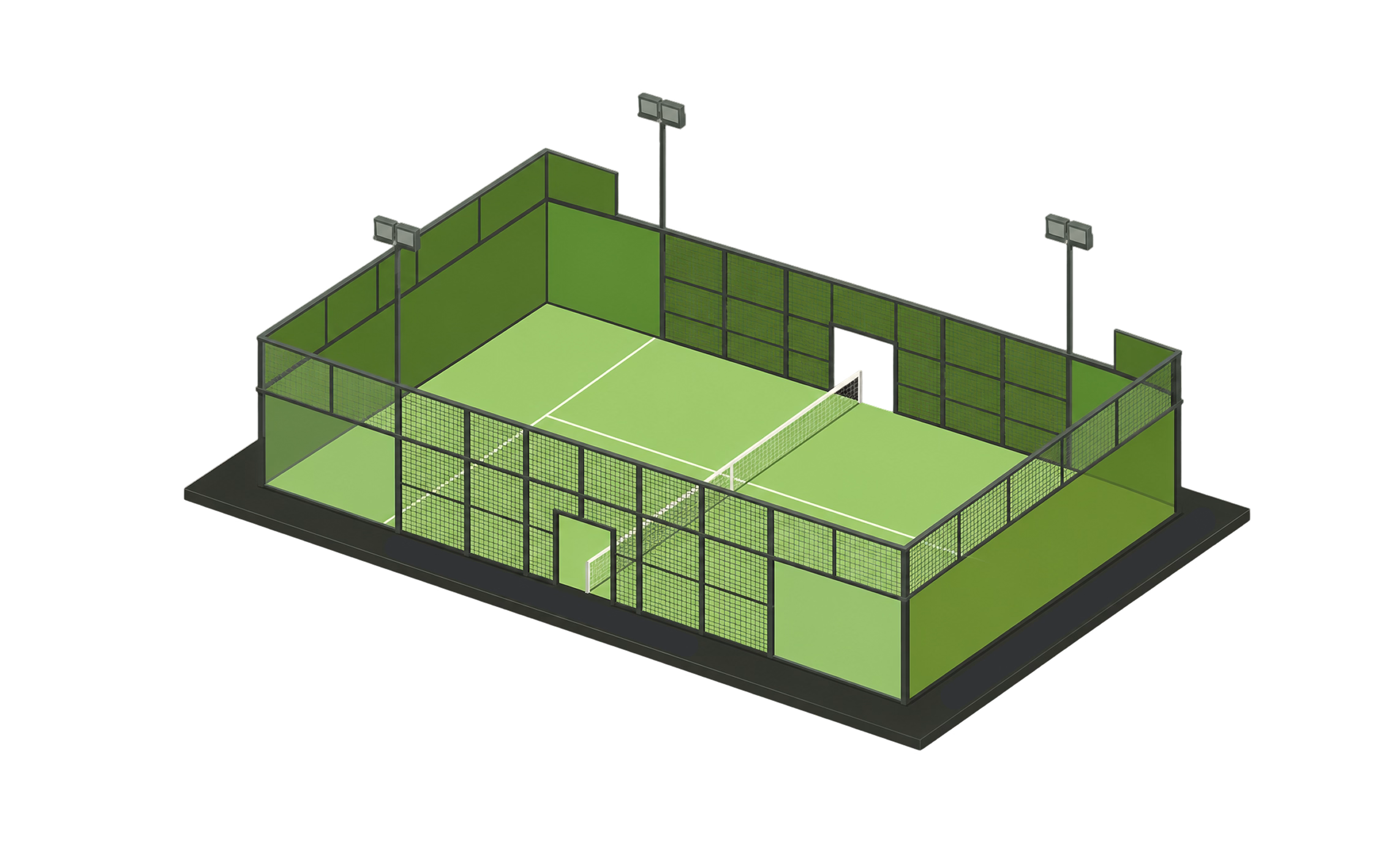 Isometric view of a green padel tennis court enclosed by glass walls and surrounded by lighting poles.