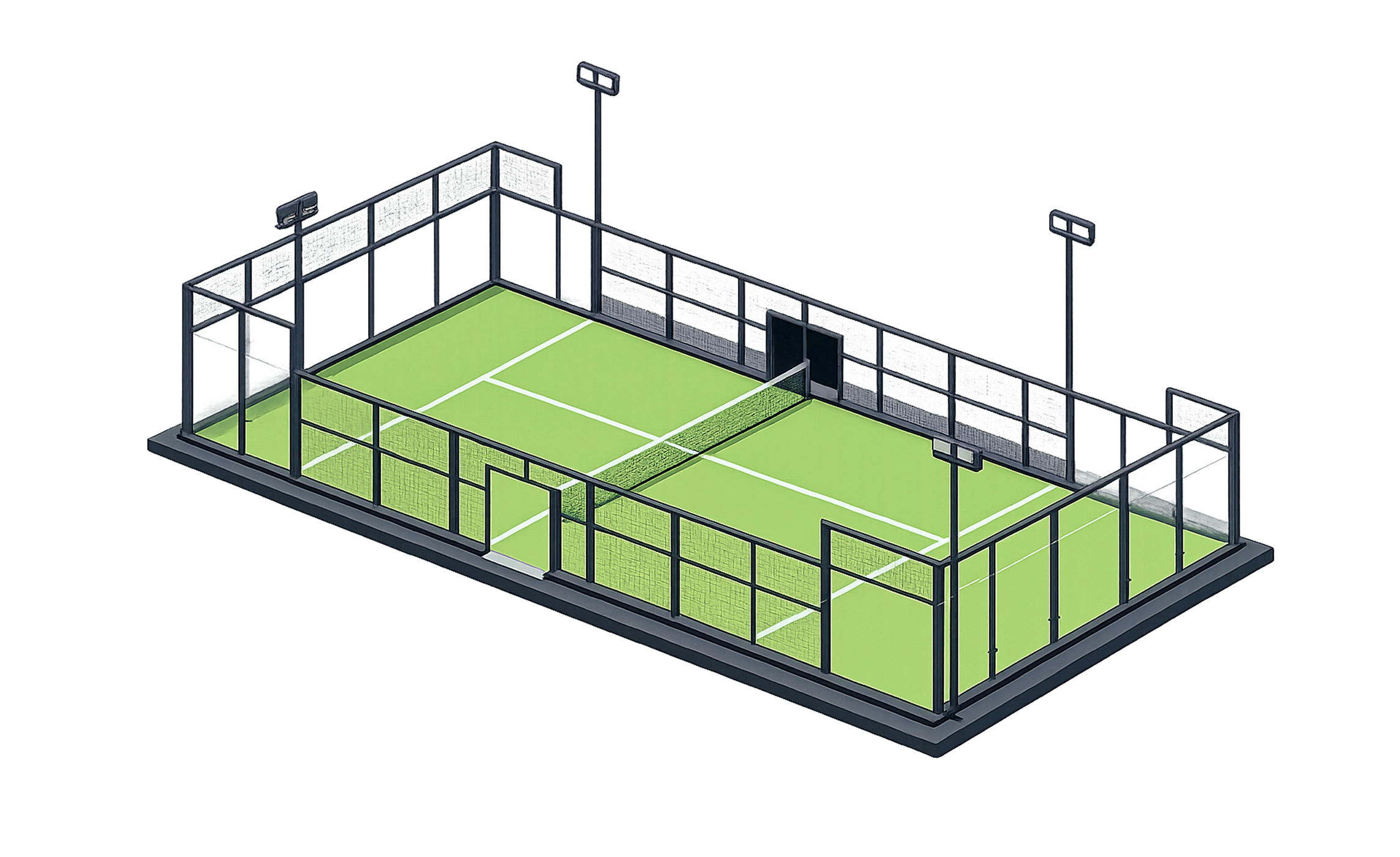 Isometric illustration of a green paddle tennis court enclosed by glass walls and fences with entrance doors and overhead lights.