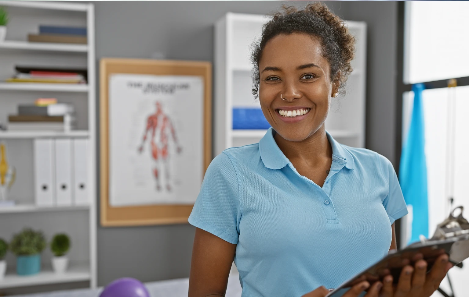 Smiling occupational therapist holding a clipboard in a clinic setting, with anatomy chart and therapy equipment in the background.
