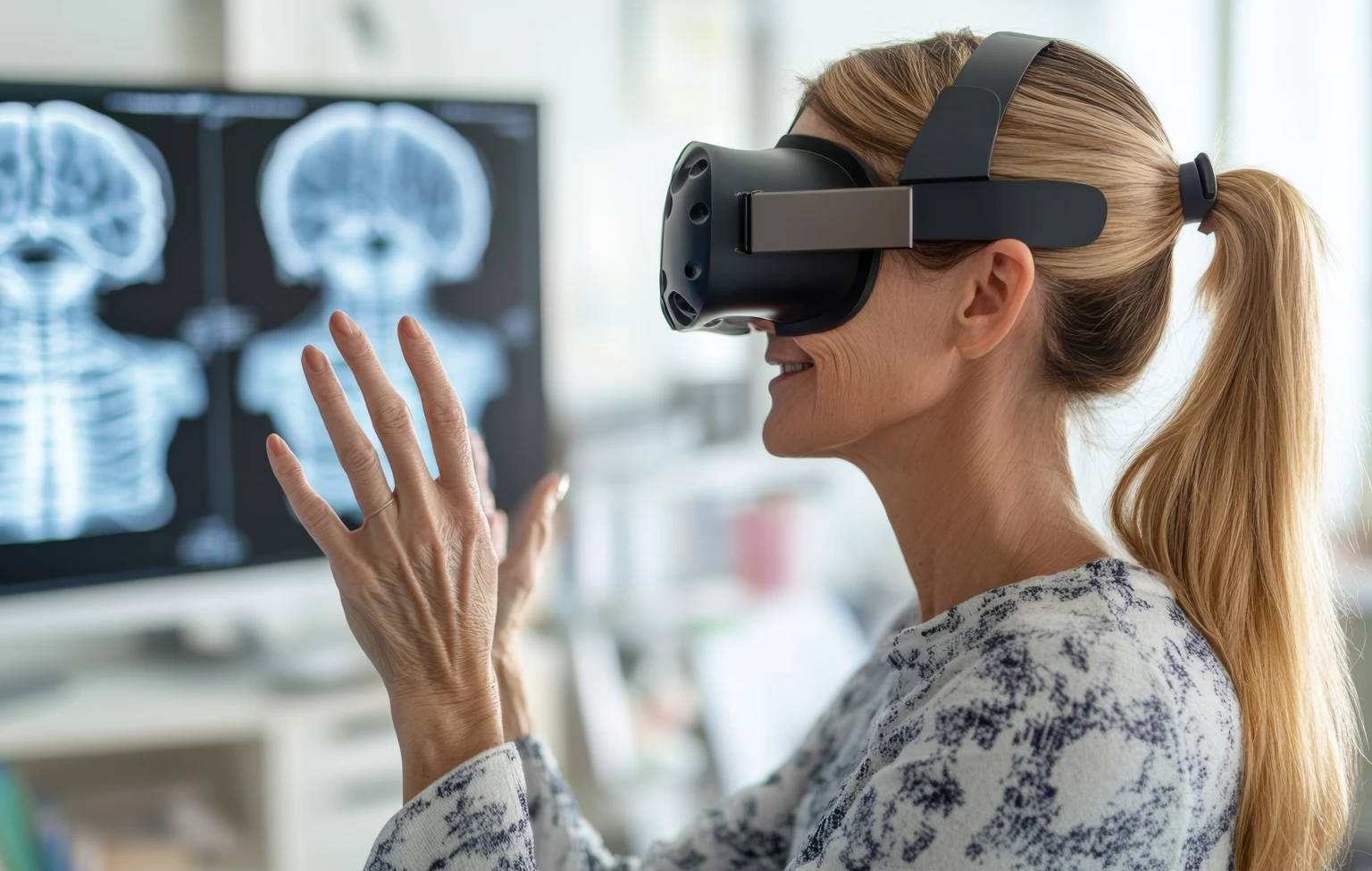 Person using a virtual reality headset in a clinical setting, interacting with digital therapy tools displayed on a medical monitor.