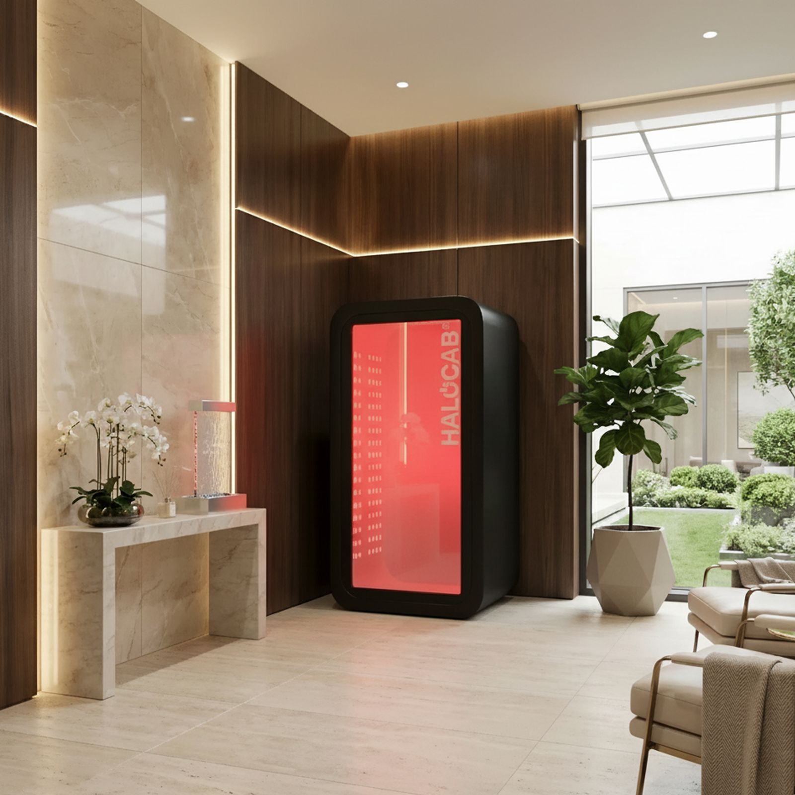 HALOCAB är ett innovativt 5-i-1 longevity-system som kombinerar flera avancerade terapier i en enda plug-and-play-kabin.