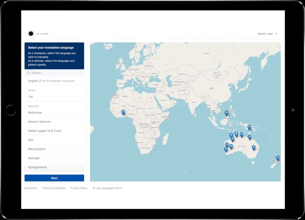 The Lyfe Languages platform on a tablet, showing languages on a map