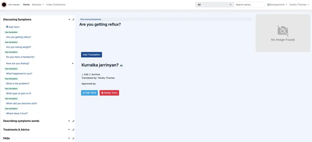 A translated phrase entry on the Lyfe Languages platform