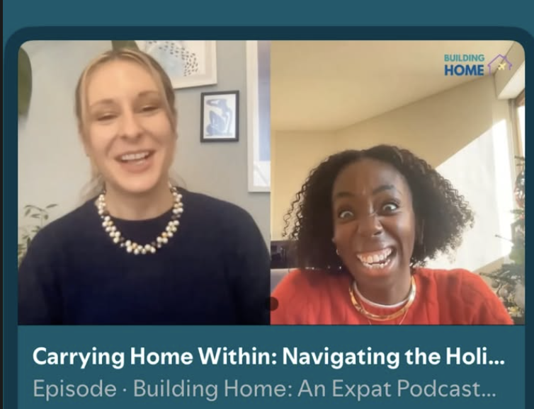 Video thumbnail showing Christina Babich and podcast host Nneya Richards smiling during a recorded conversation for the Building Home expat podcast.