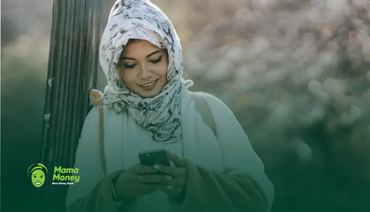 Woman using her smartphone to send money securely to Egypt.