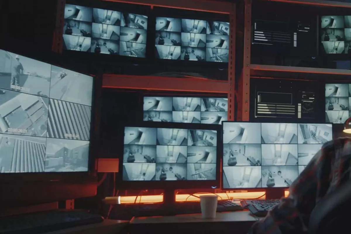 A CCTV monitoring room with a wall of screens showing grids of live camera feeds.