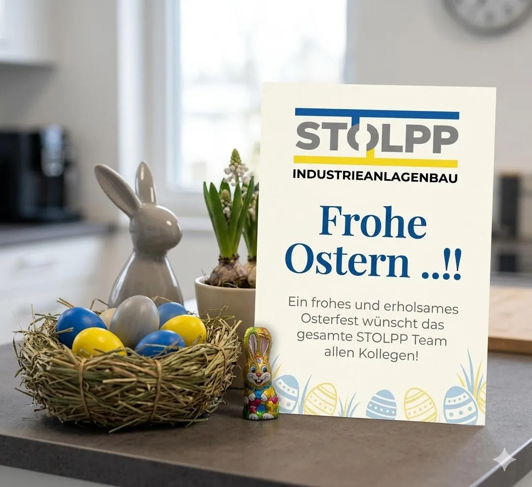 Karte mit Ostergrüßen neben Osterhase und Ostereiern