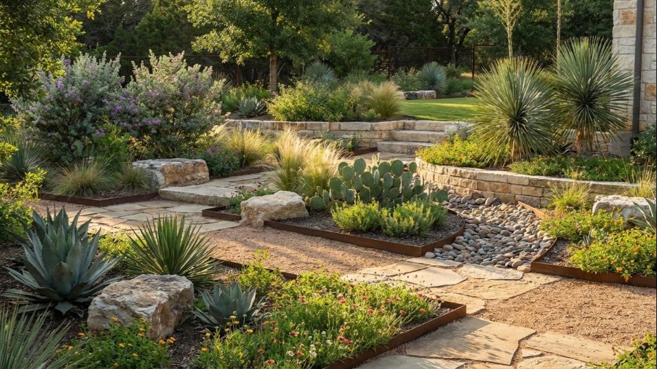 Texas native landscape design with stone pathways and drought tolerant plants in San Antonio
