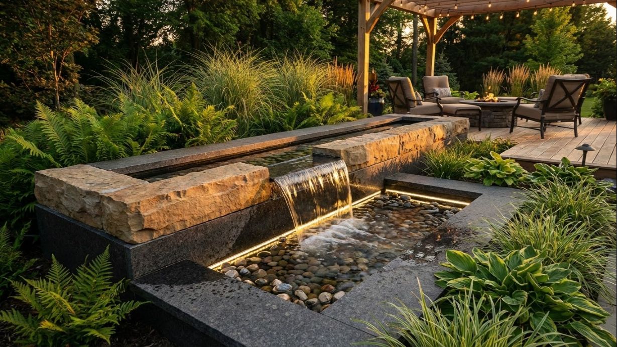 Contemporary water feature with seating area in San Antonio outdoor space