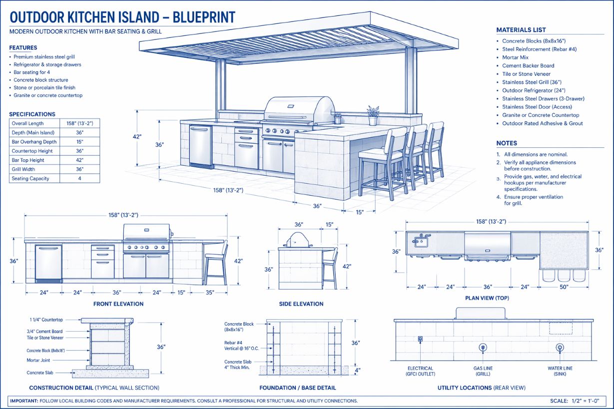 Texas outdoor kitchen island blueprint with grill, bar seating, dimensions, elevations, and material notes