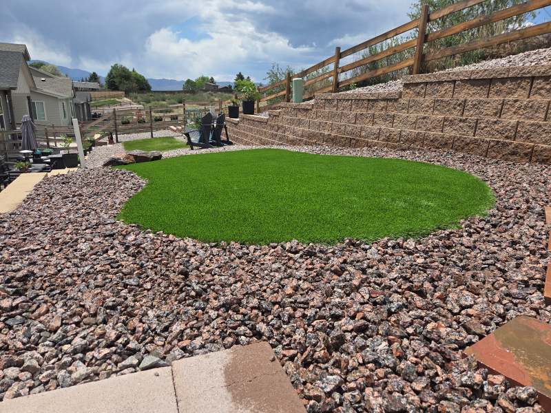 Custom artificial turf lawn surrounded by decorative landscape rock and retaining walls in a modern backyard renovation.