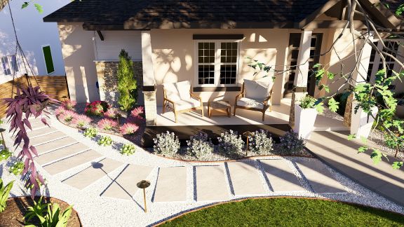 Front porch landscape rendering with stepping stone pathways, ornamental plantings, and low-voltage lighting in Timberwood Park.