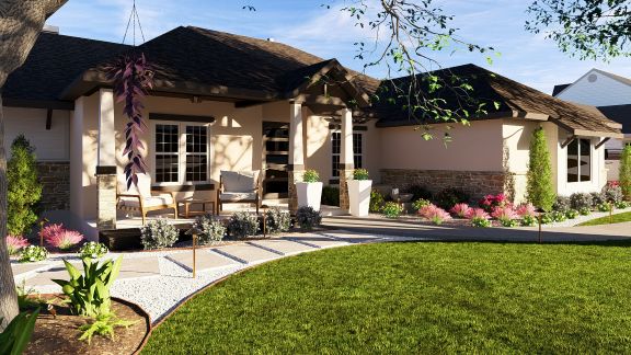 Front yard curb appeal design featuring curved planting beds, decorative stone, and upgraded landscaping in Timberwood Park.