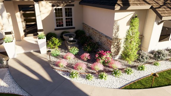 Custom planting bed design with ornamental grasses, decorative gravel, and architectural stone accents in Timberwood Park, Texas.