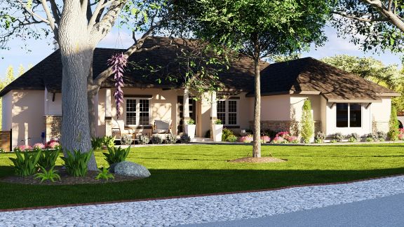 Daytime front landscape master plan rendering showcasing enhanced planting beds and curb appeal improvements in Timberwood Park, Texas.