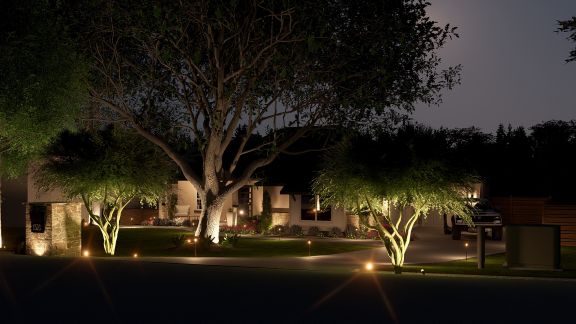 Professional landscape lighting design illuminating mature trees and lawn areas in Timberwood Park, San Antonio.
