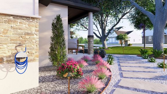 Daytime landscape rendering showing decorative gravel, ornamental grasses, and enhanced curb appeal for a San Antonio home.