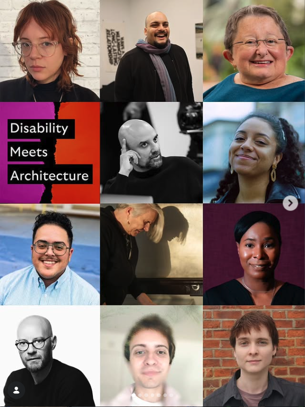 Collage of 11 headshots of the speakers involved in the DMA podcast, with the text saying ‘Disability Meets Architecture’