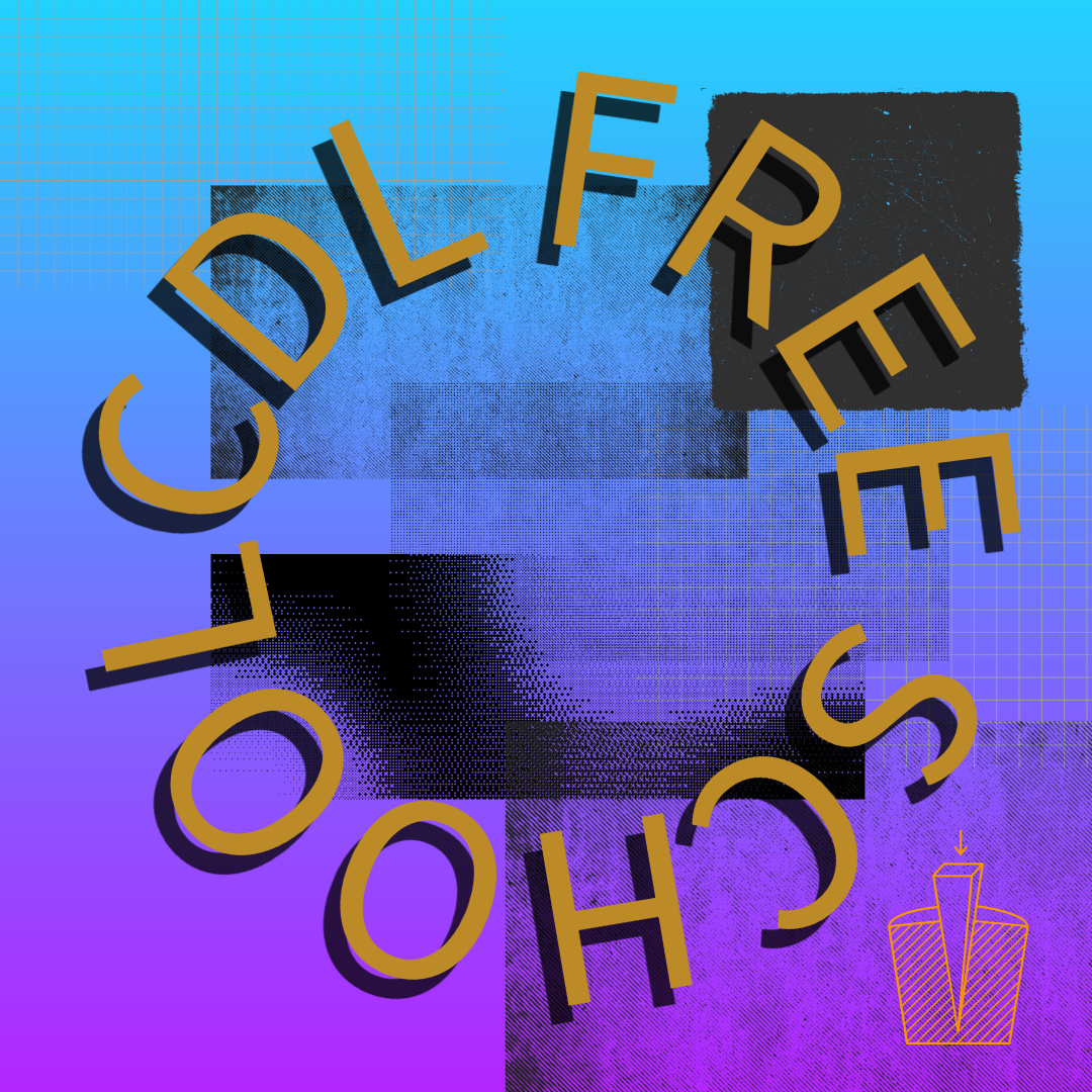 Image description: "CDL Free School" written in a circle against a background of overlapping squares in various frictioned textures. A graphic of a wedge being driven into a piece of wood with an arrow pointing down appears in the bottom right. 