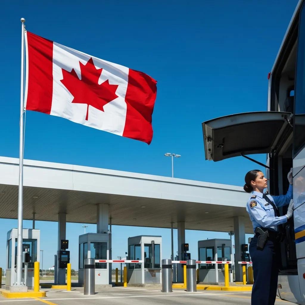 Canadian border security checkpoint with flag and officer