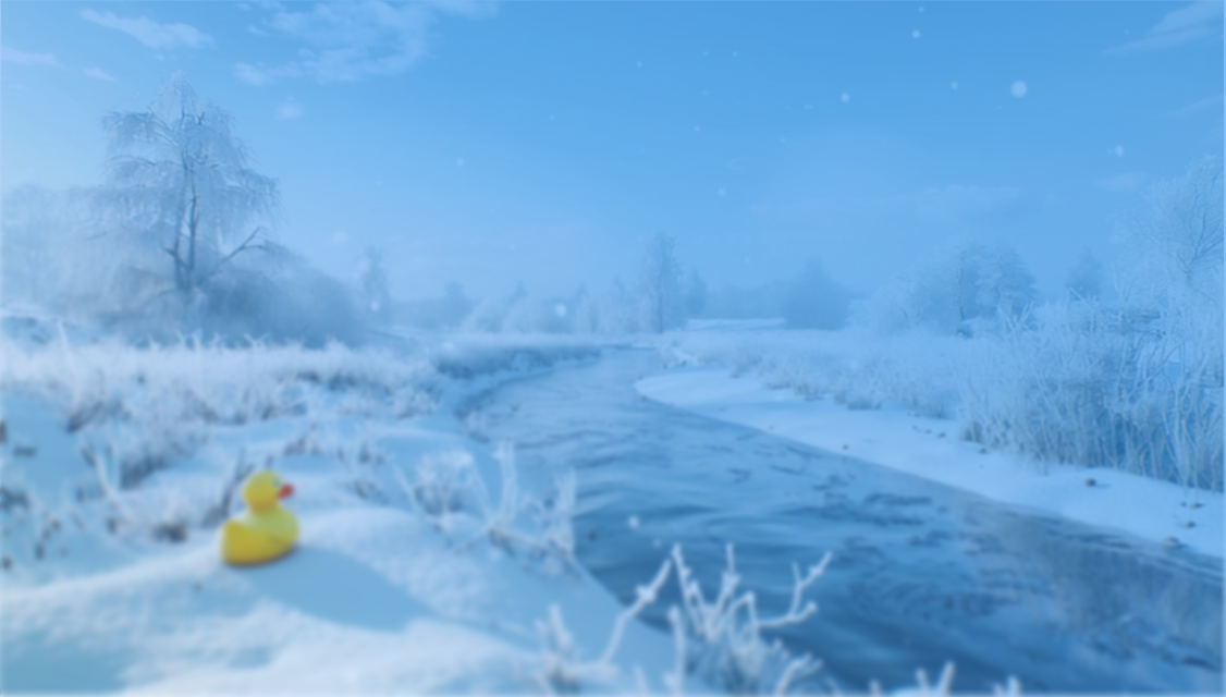 Yellow rubber duck on frosty vegetation beside a flowing stream in a snowy winter landscape.
