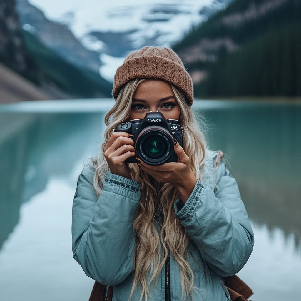 Woman content creator standing in front of Lake Lousie with a camera