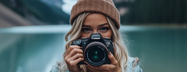 Woman content creator standing in front of Lake Lousie with a camera