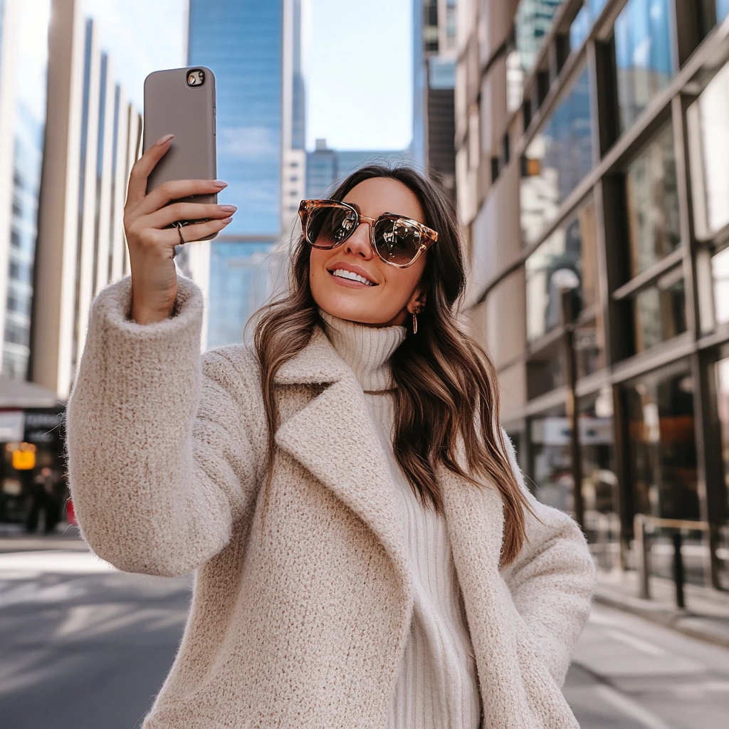 Influencer taking a selfie in the city for her fans