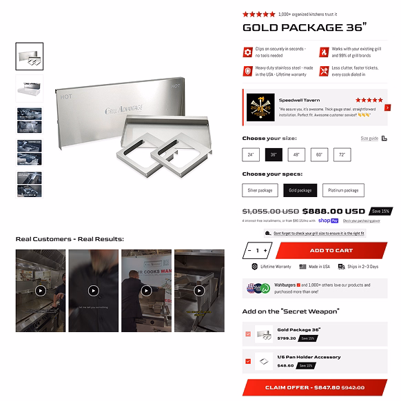 Product page showing Gold Package 36" grill accessory with features, customer reviews, size and specs options.