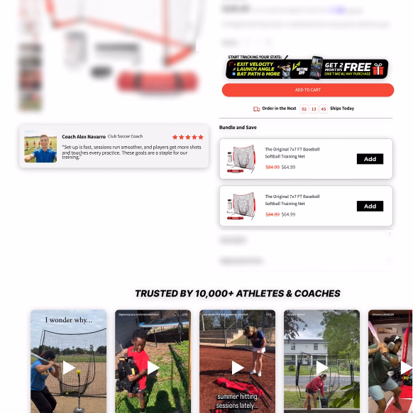 Product page showing baseball training nets, coach testimonial, bundle offer, and athlete video reviews.