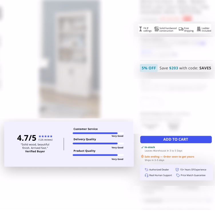 Product review shows 4.7/5 rating with positive customer feedback and very good ratings for service and quality.
