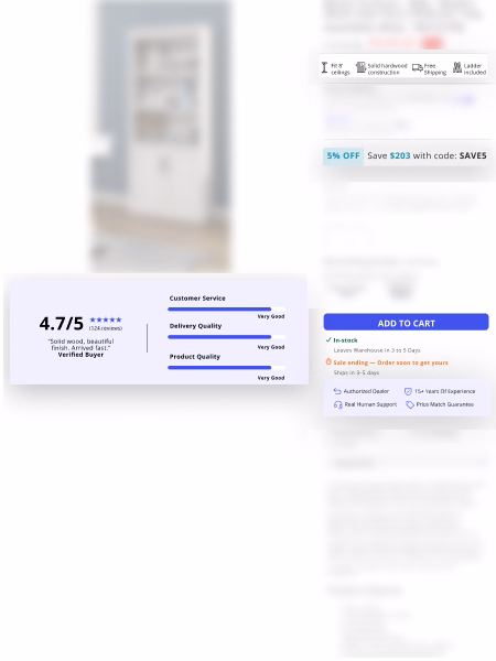 Product review shows 4.7/5 rating with positive customer feedback and very good ratings for service and quality.