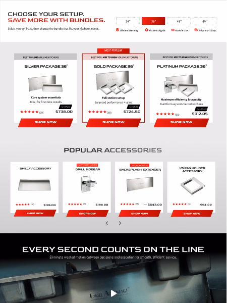 Product page showing Gold Package 36" grill accessory with features, customer reviews, size and specs options.