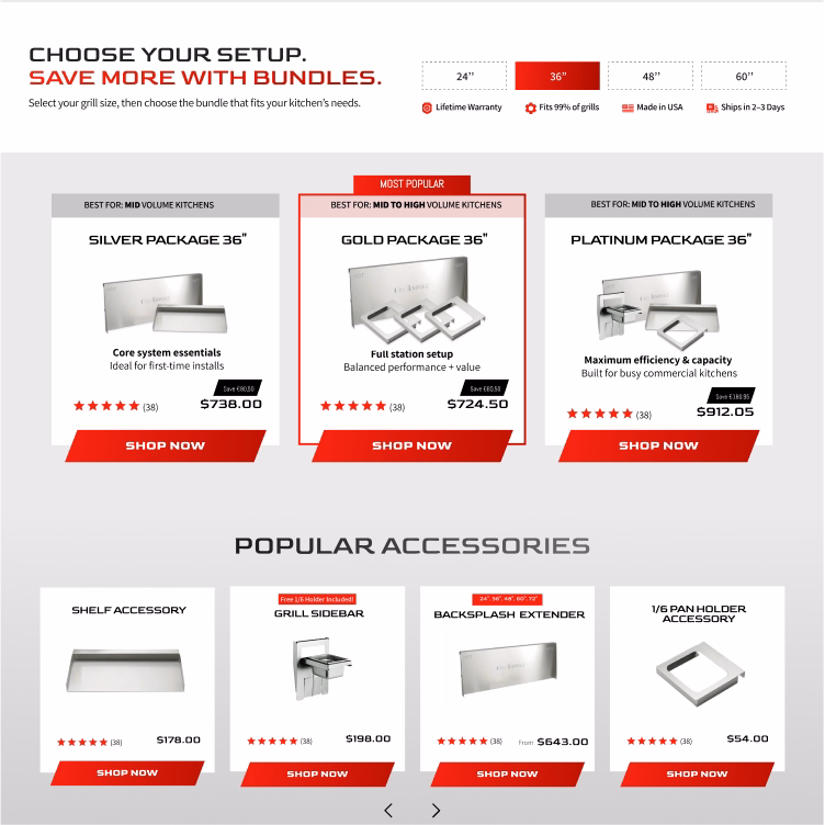 Product page showing Gold Package 36" grill accessory with features, customer reviews, size and specs options.