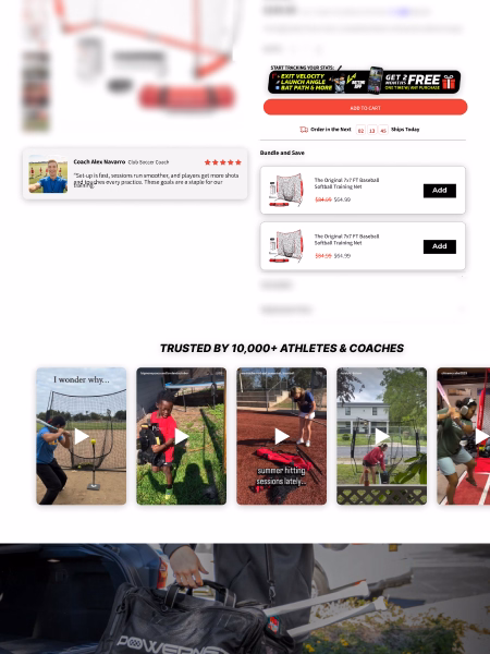 Product page showing baseball training nets, coach testimonial, bundle offer, and athlete video reviews.