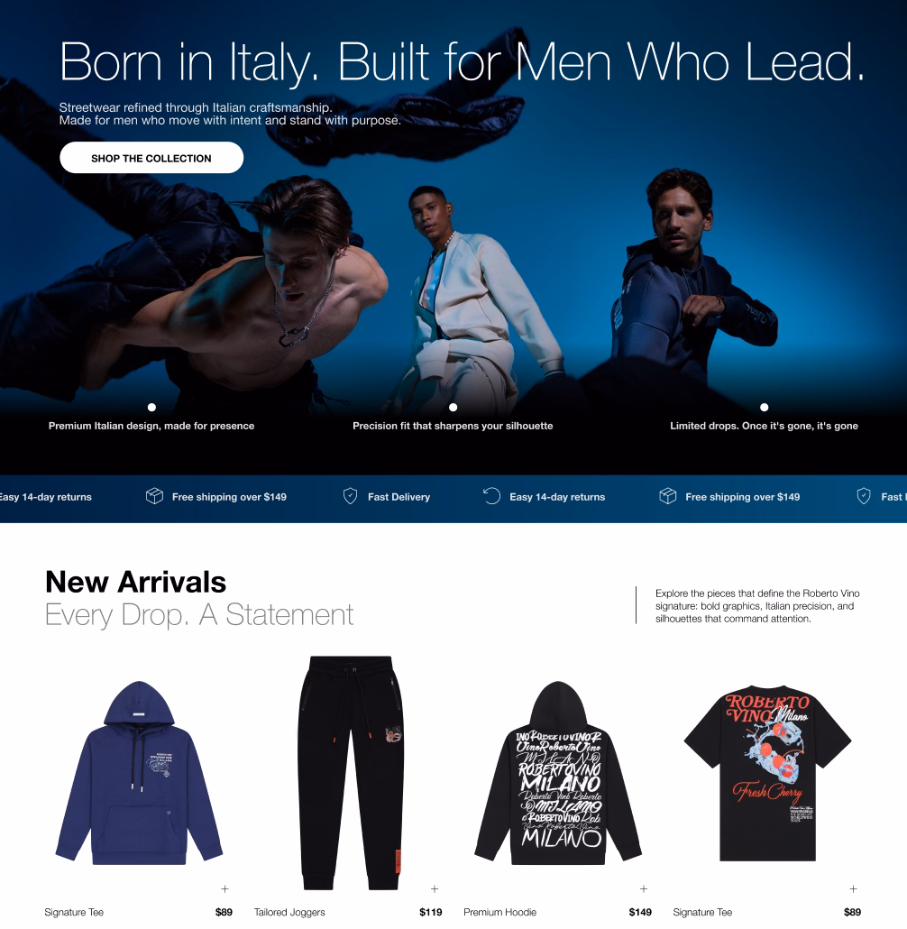 Roberto Vino homepage hero banner 'Born in Italy. Built for Men Who Lead' with male models in streetwear, plus New Arrivals section featuring hoodies, joggers, and t-shirts