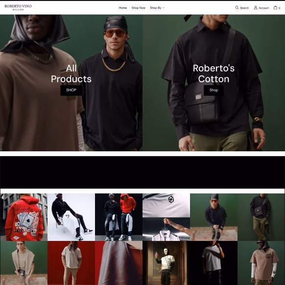Roberto Vino Milano homepage with 'All Products' and 'Roberto's Cotton' hero banners featuring male models in streetwear, plus a lifestyle photo grid