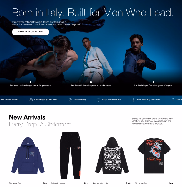 Roberto Vino homepage hero banner 'Born in Italy. Built for Men Who Lead' with male models in streetwear, plus New Arrivals section featuring hoodies, joggers, and t-shirts