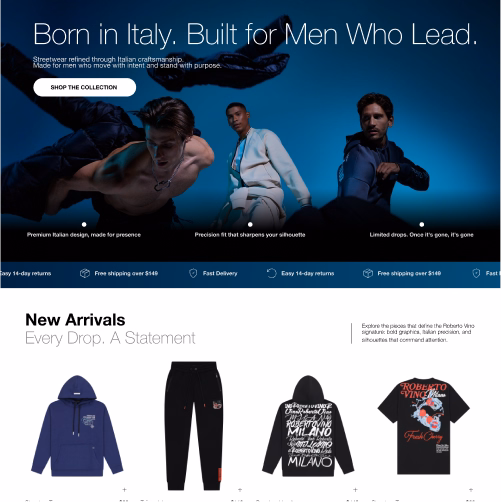 Roberto Vino homepage hero banner 'Born in Italy. Built for Men Who Lead' with male models in streetwear, plus New Arrivals section featuring hoodies, joggers, and t-shirts