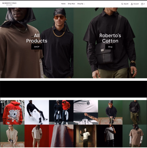 Roberto Vino Milano homepage with 'All Products' and 'Roberto's Cotton' hero banners featuring male models in streetwear, plus a lifestyle photo grid